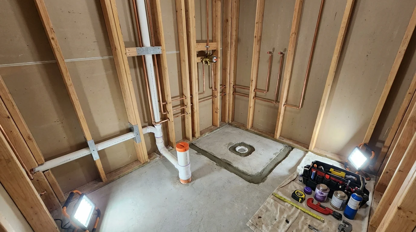 Bathroom rough-in plumbing during remodel by Johns Plumbing LLC in Port Jefferson Station