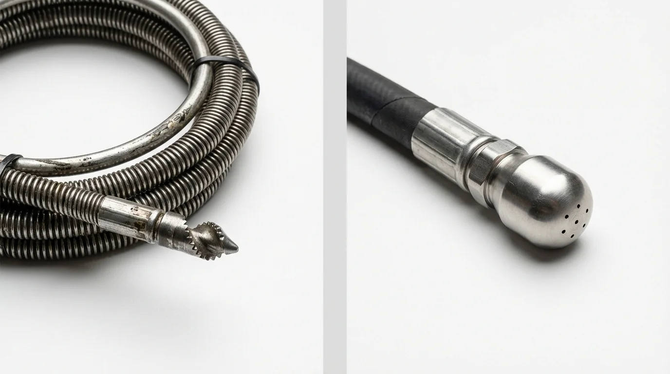 Drain snake cable and hydro jetting nozzle used for drain cleaning in Port Jefferson Station, NY
