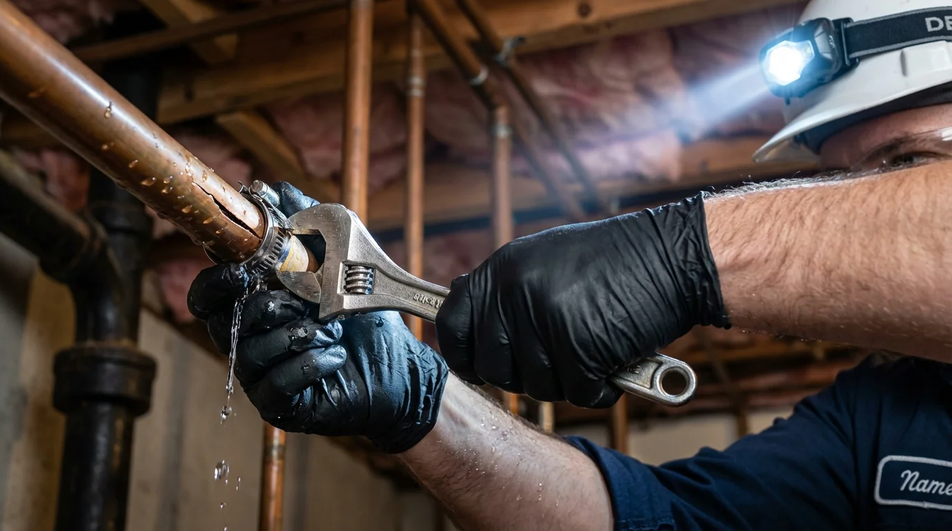 Emergency pipe clamp repair being performed by a Johns Plumbing LLC plumber in Port Jefferson Station