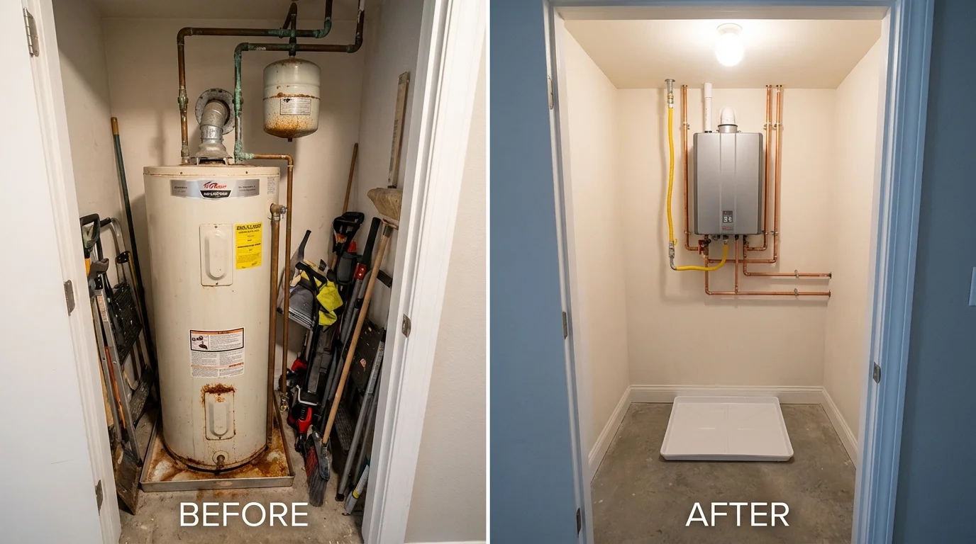Tank water heater versus wall-mounted tankless unit comparison for Port Jefferson Station, NY homeowners