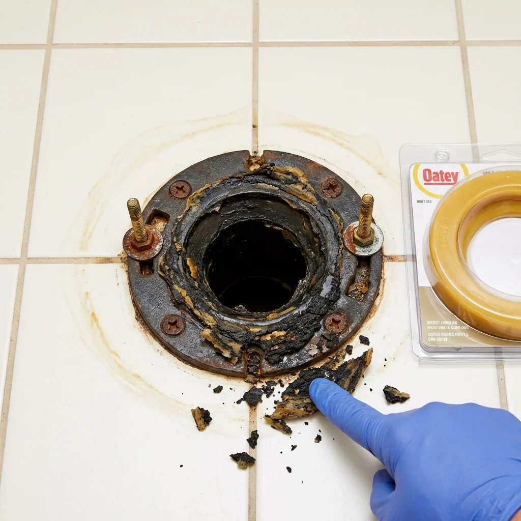 Failed wax ring showing water seepage at the base of a toilet in a Port Jefferson Station, NY home