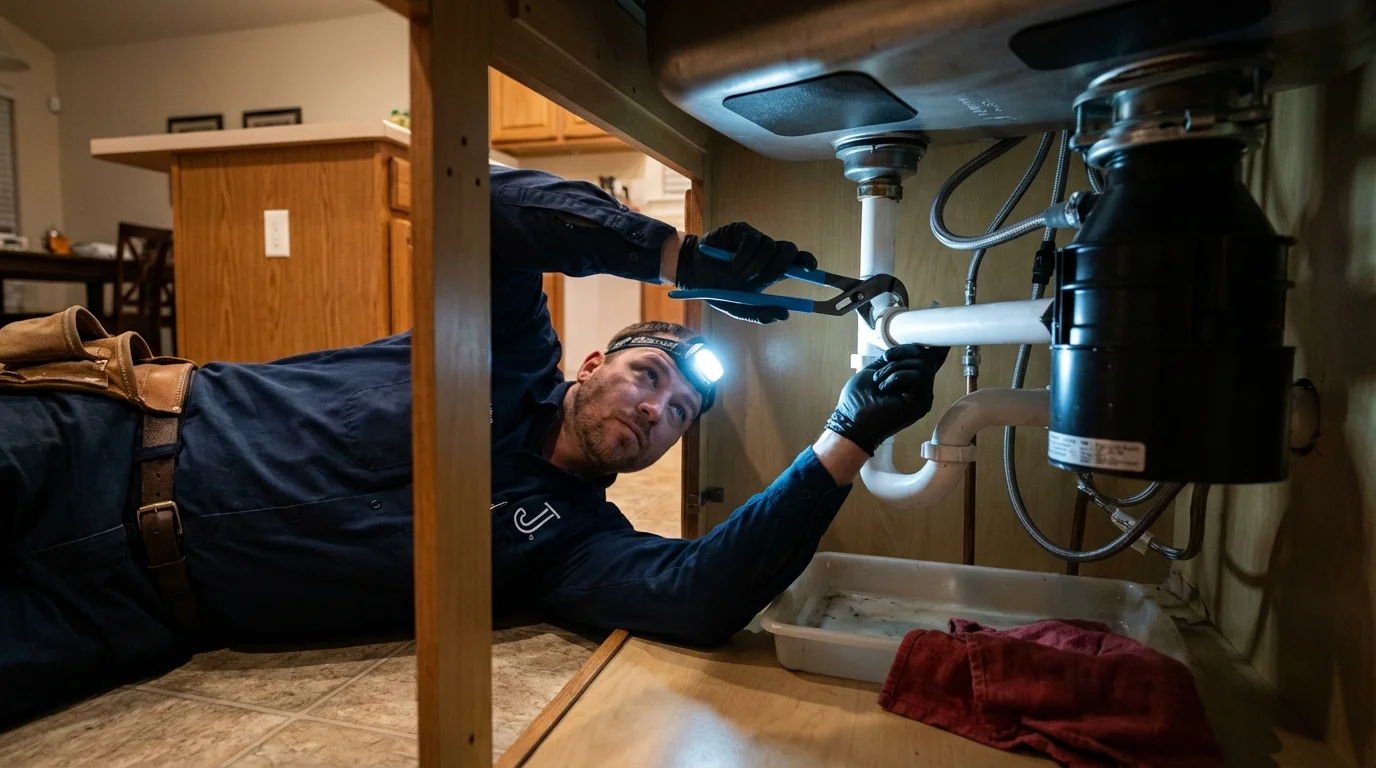 P-trap and supply line connections under a kitchen sink showing a common leak point in Port Jefferson Station, NY